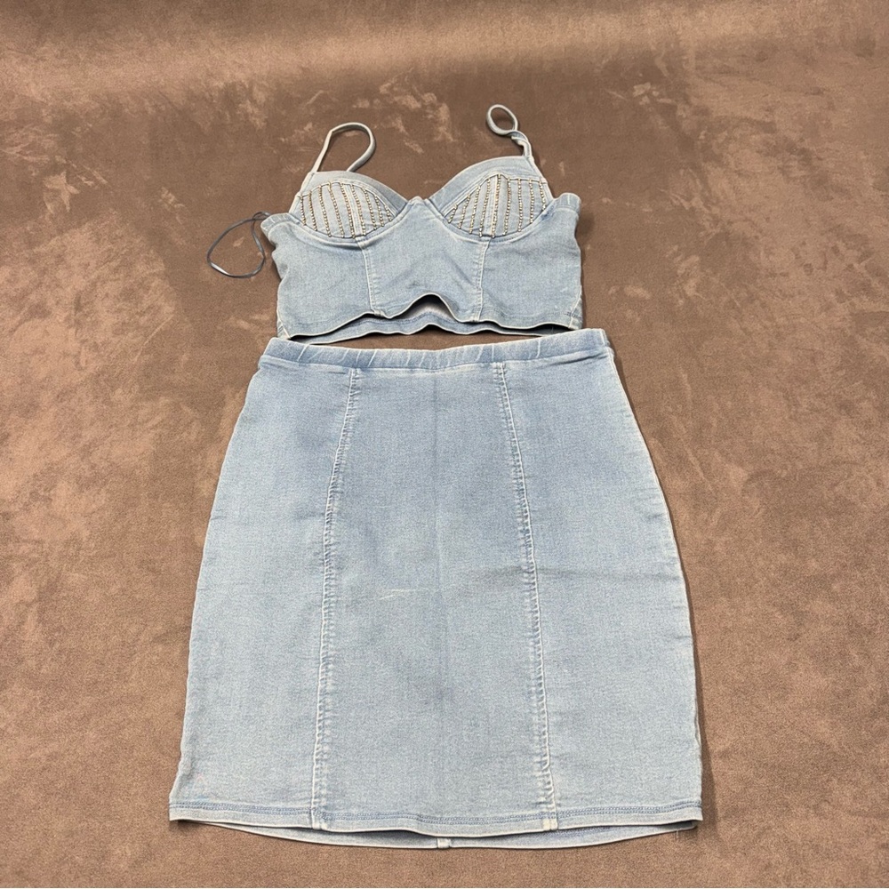 Haute Monde 2 piece outfit Light Blue Denim Skirt rhinestones bustier women’s L